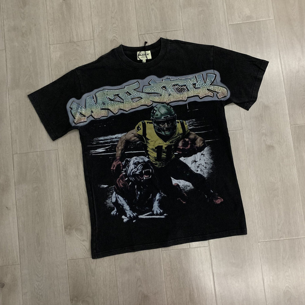 MAJESTIK Bulldog Football Graphic Cropped T-Shirt